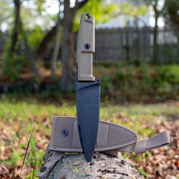 Full-length view of the Extrema Ratio Shrapnel One Desert Dark Stone beside its sheath