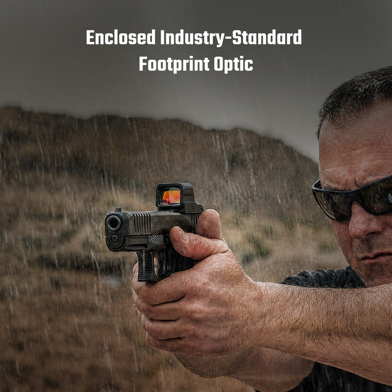 Osight XE AMRS Enclosed Red Dot Sight with RMR Footprint and Side-Loading Battery featuring 2/6+32 MOA Multi-Reticle System