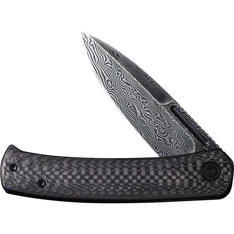 Civivi Cetos Black / Black Twill Carbon Fiber presentation side; Stainless Steel lock side (3.48" Black Hand Rubbed Damascus) Folding Knife [C21025B-DS1] - product view 5