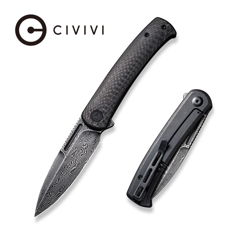 Civivi Cetos Black / Black Twill Carbon Fiber presentation side; Stainless Steel lock side (3.48" Black Hand Rubbed Damascus) Folding Knife [C21025B-DS1] - product view 6