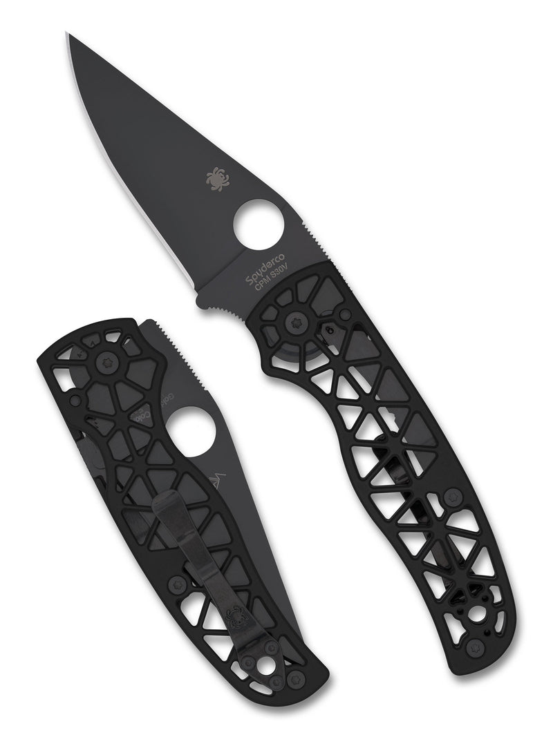 Spyderco Edgerati Black Aluminum (3.57" Black DLC S30V) Folding Knife [C266BKALBKP] - open and closed overview