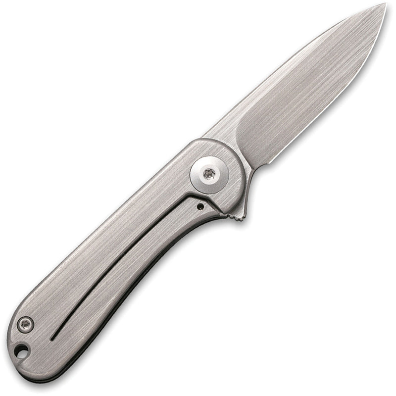 Civivi Mini Elementum Presentation Side: Black Hand Rubbed Brass Handle; Lock Side: Gray Hand Rubbed Brass presentation side; Stainless Steel lock side (1.83" Gray Hand Rubbed 14C28N) Folding Knife [C18062Q-1] - product view 3