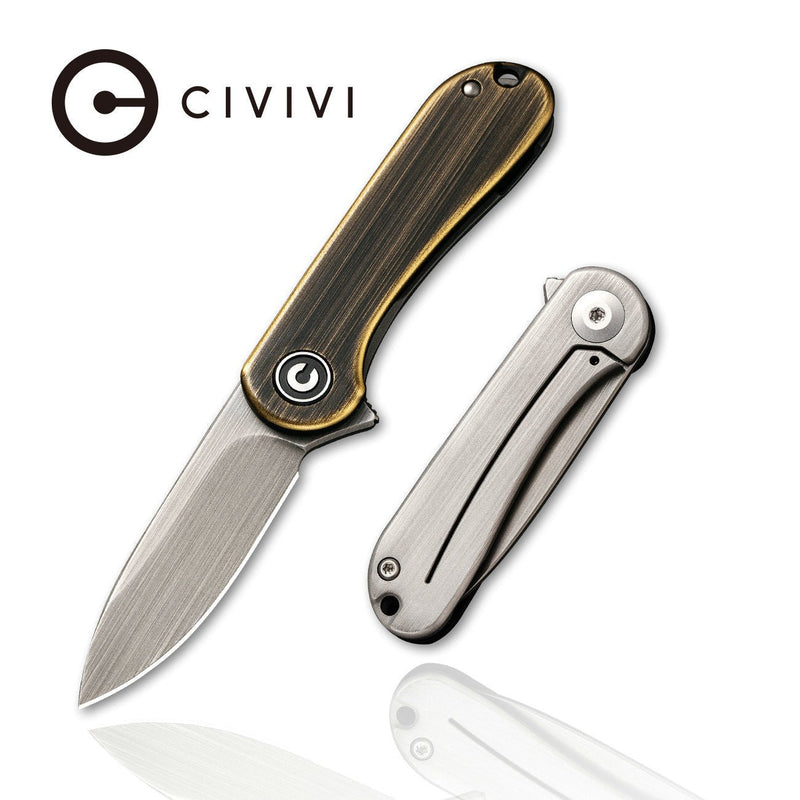 Civivi Mini Elementum Presentation Side: Black Hand Rubbed Brass Handle; Lock Side: Gray Hand Rubbed Brass presentation side; Stainless Steel lock side (1.83" Gray Hand Rubbed 14C28N) Folding Knife [C18062Q-1] - product view 4