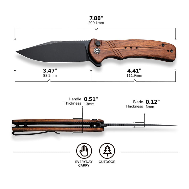 Civivi Cogent Guibourtia Wood (3.47" Black Stonewashed 14C28N) Folding Knife [ C20038D-8] - product view 5