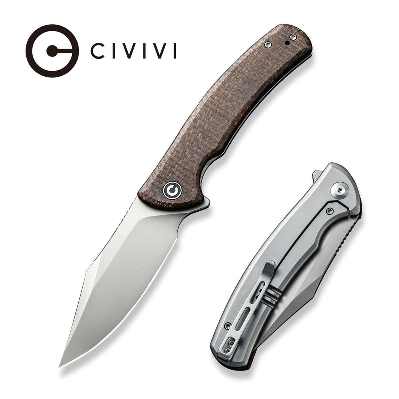Civivi Sinisys Brown, Plain Burlap Micarta presentation side; Stainless Steel lock side (3.7" Silver Bead Blasted 14C28N) Folding Knife [C20039-2] - product view 6