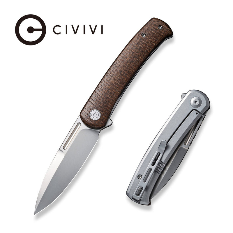 Civivi Cetos Brown / Gray Micarta Coarse presentation side; Stainless Steel lock side (3.48" Silver Bead Blasted 14C28N) Folding Knife [C21025B-1] - product view 6