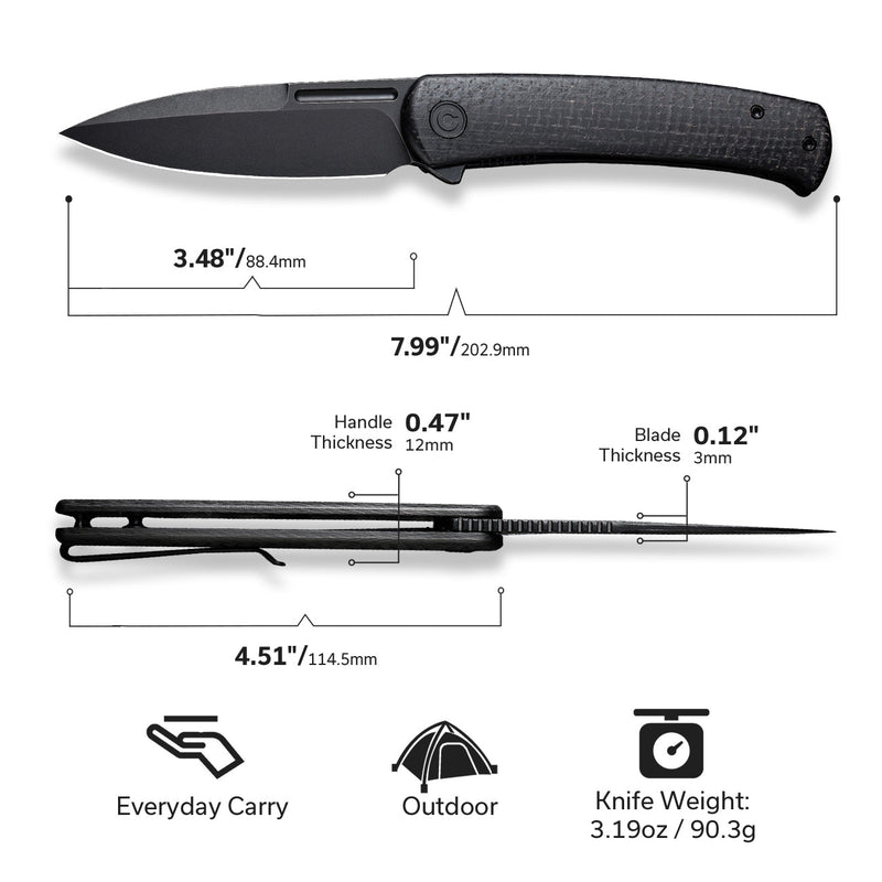 Civivi Caetus Black Burlap Micarta (3.48" Black Stonewashed 14C28N) Folding Knife [C21025C-2] - product view 7