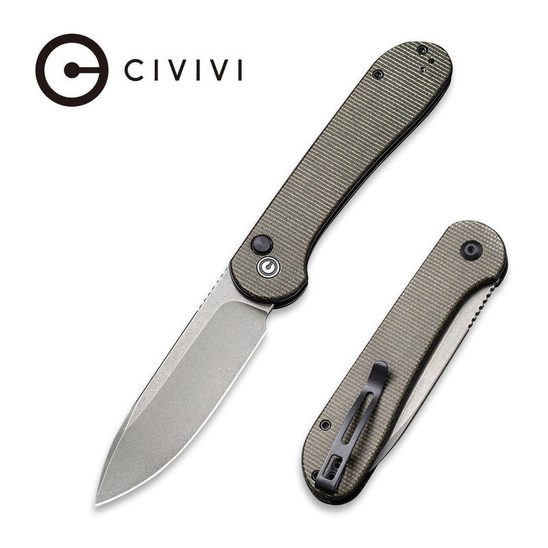 Civivi Button Lock Elementum Dark Green Micarta (3.47" Gray Stonewashed 14C28N) Folding Knife [C2103C] - product view 1