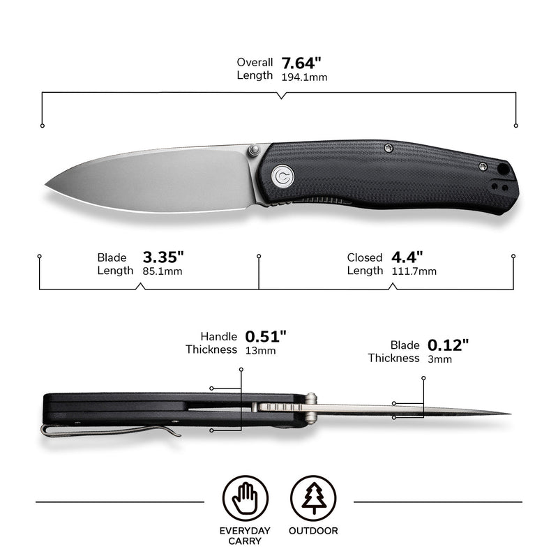 Civivi Sokoke Black G10 (3.35" Silver Bead Blasted 14C28N) Folding Knife [ C22007-1] - product view 7
