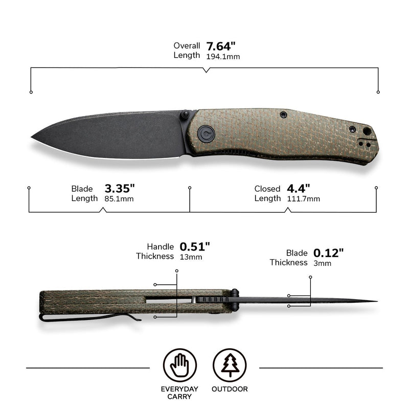 Civivi Sokoke Green Burlap Micarta (3.35" Black Stonewashed 14C28N) Folding Knife [C22007-2] - product view 7