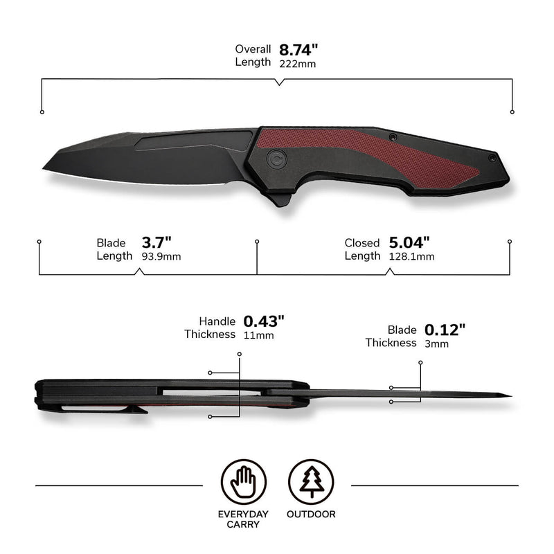 Civivi Hypersonic Black, Burgundy Steel With G10 Inlay (3.7" Black Stonewashed 14C28N) Folding Knife [C22011-3] - product view 5
