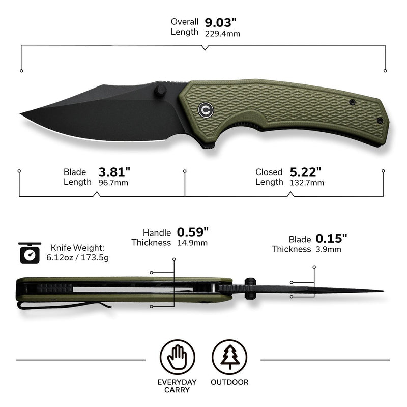 Civivi Vexillum OD Green G10 (3.81" Black Stonewashed Nitro-V) Folding Knife [C23003D-2] - product view 3