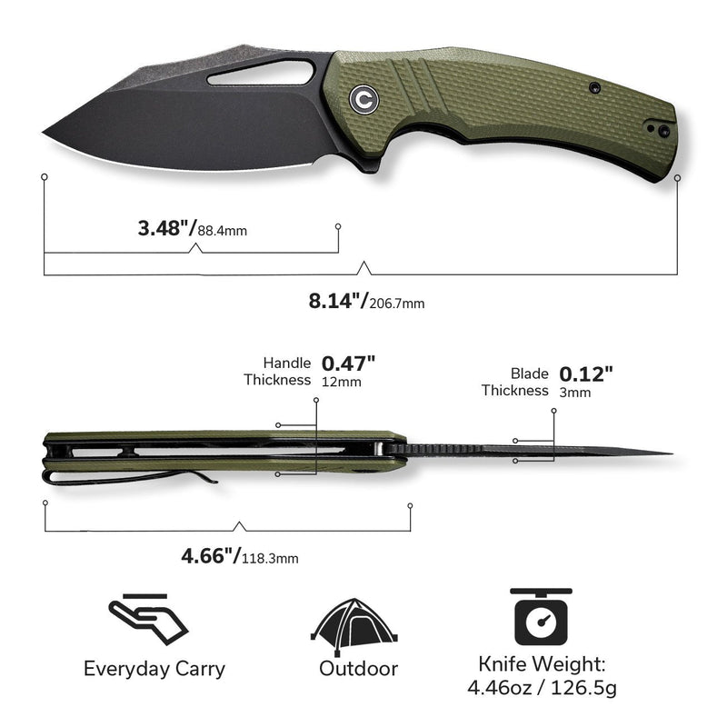 Civivi BullTusk OD Green Coarse G10 (3.48" Black Stonewashed 14C28N) Folding Knife [C23017-2] - product view 7