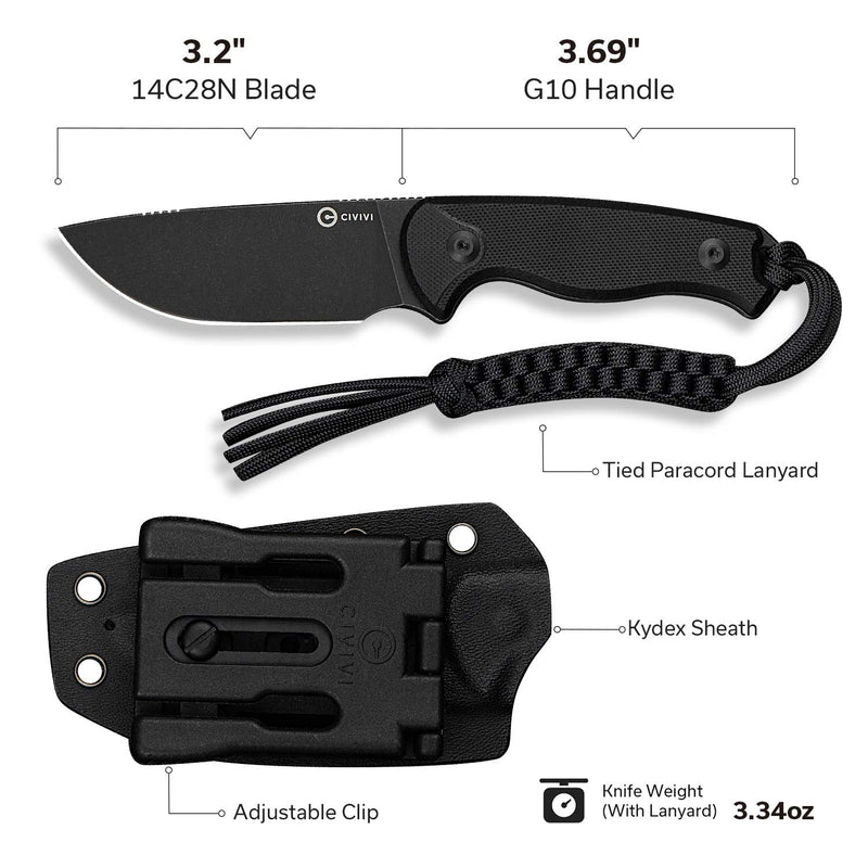 Civivi Timberbark Black G10 (3.2" Black Stonewashed 14C28N) Fixed Blade Knife [C23094-1] - product view 7
