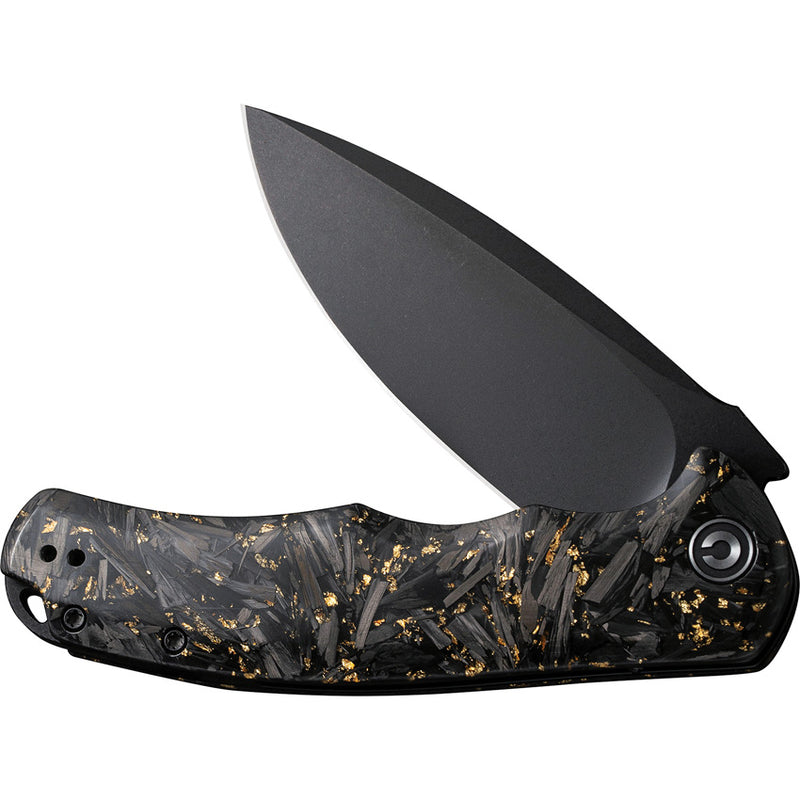 Civivi Praxis Black, Golden Shredded Carbon Fiber And Golden Shred In Clear Resin (3.75" Black Stonewashed 9Cr18MoV) Folding Knife [ C803J] - product view 4