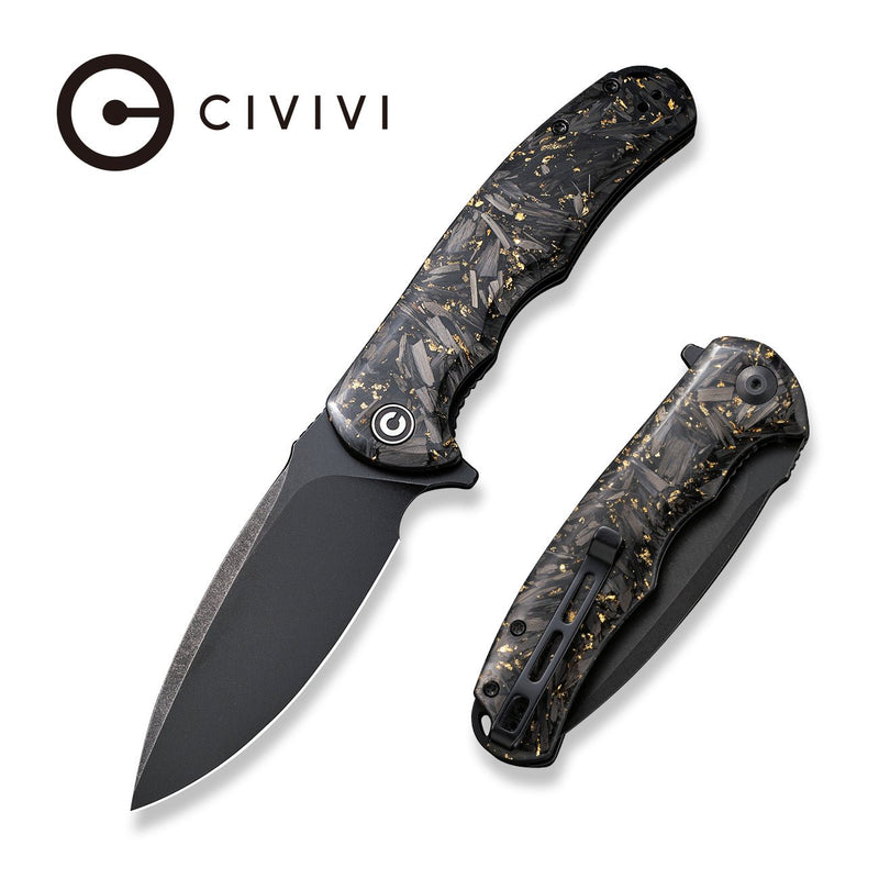Civivi Praxis Black, Golden Shredded Carbon Fiber And Golden Shred In Clear Resin (3.75" Black Stonewashed 9Cr18MoV) Folding Knife [ C803J] - product view 6