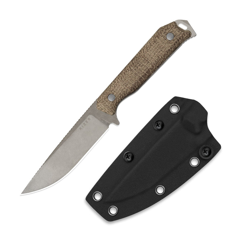 Kizer Begleiter Fix Brown Burlap Micarta (3.78" Gray Stonewashed 3V) Fixed Blade Knife [1045MD1] - product view 6