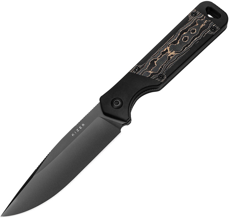 Kizer Militaw Black & Gold Aluminium & Gold Fat Carbon (3.83" S35VN) Fixed Blade Knife [1067A1] - product view 1