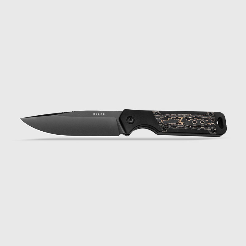 Kizer Militaw Black & Gold Aluminium & Gold Fat Carbon (3.83" S35VN) Fixed Blade Knife [1067A1] - product view 5