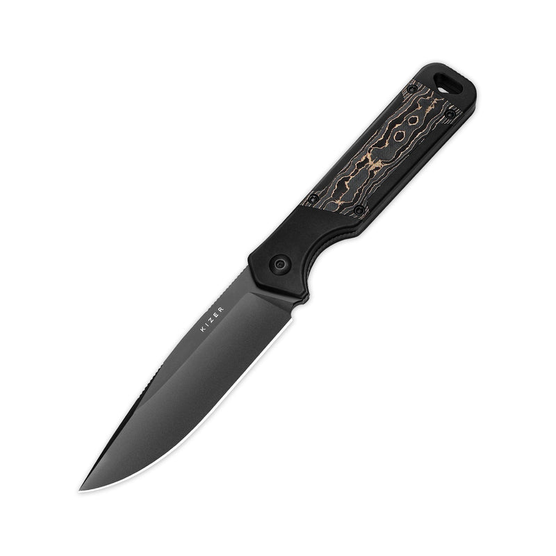 Kizer Militaw Black & Gold Aluminium & Gold Fat Carbon (3.83" S35VN) Fixed Blade Knife [1067A1] - product view 6