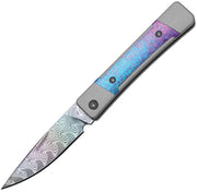 Kizer Little Grand Silver & Blue Aluminum & Crystallized Titanium (2.5" Acid-washed Rainbow Damascus) Folding Knife [KI2670A4] - product view 1