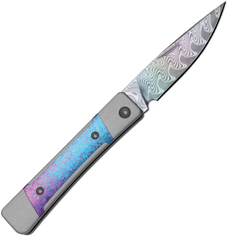 Kizer Little Grand Silver & Blue Aluminum & Crystallized Titanium (2.5" Acid-washed Rainbow Damascus) Folding Knife [KI2670A4] - product view 3