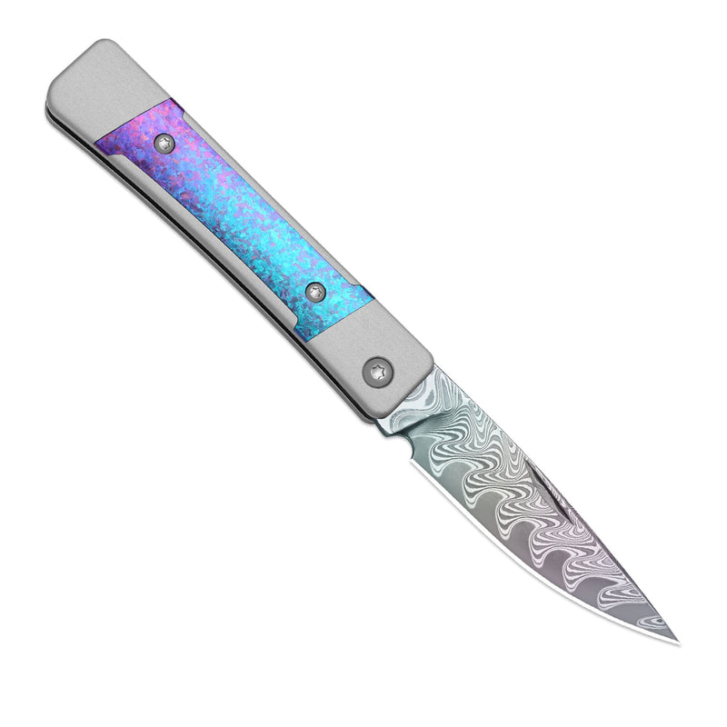 Kizer Little Grand Silver & Blue Aluminum & Crystallized Titanium (2.5" Acid-washed Rainbow Damascus) Folding Knife [KI2670A4] - product view 7