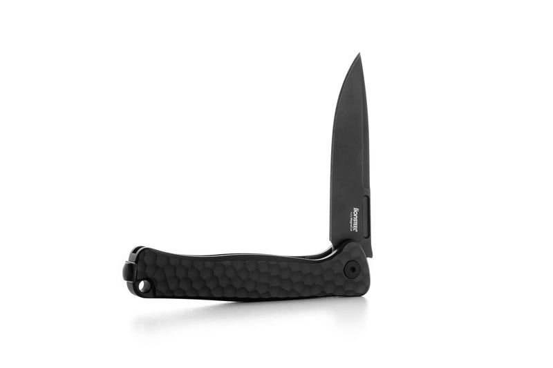 Lion Steel Emmet Black Hammertone Aluminum (2.83" Old Black PVD Stonewashed MagnaCut) Folding Knife [EM01A BB] - partly open side profile
