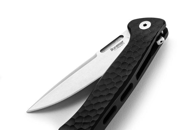 Lion Steel Emmet Black Hammertone Aluminum (2.83" Stonewashed MagnaCut) Folding Knife [EM01A BS] - blade and opening detail