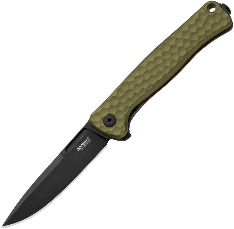 Lion Steel Emmet Green Hammertone Aluminum (2.83" Old Black PVD Stonewashed MagnaCut) Folding Knife [EM01A GB]