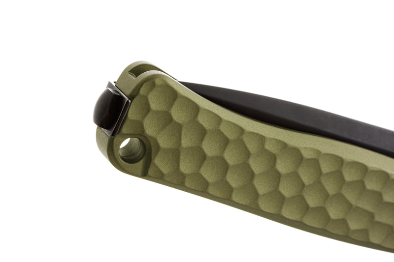 Lion Steel Emmet Green Hammertone Aluminum (2.83" Old Black PVD Stonewashed MagnaCut) Folding Knife [EM01A GB] - handle and flipper detail