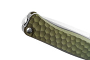 Lion Steel Emmet Green Hammertone Aluminum (2.83" Stonewashed MagnaCut) Folding Knife [EM01A GS] - handle and flipper detail