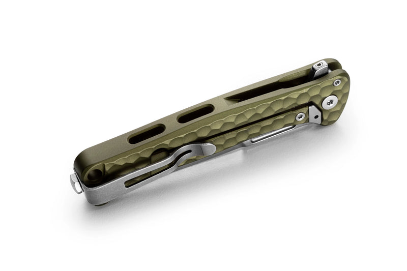 Lion Steel Emmet Green Hammertone Aluminum (2.83" Stonewashed MagnaCut) Folding Knife [EM01A GS] - closed knife angled view
