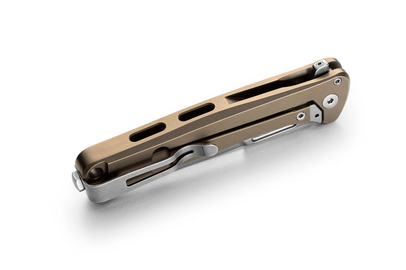 Lion Steel Emmet Bronze Titanium with Carbon Fiber Inlay (2.83" Stonewashed MagnaCut) Folding Knife [EM01 BR] - closed knife angled view
