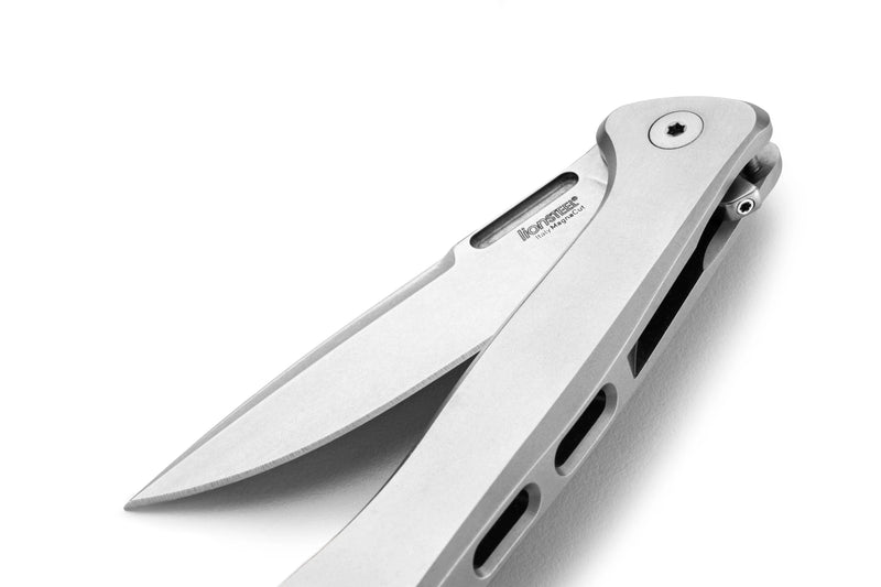 Lion Steel Emmet Gray Titanium (2.83" Stonewashed MagnaCut) Folding Knife [EM01 FL] - blade and opening detail