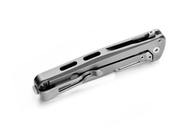 Lion Steel Emmet Gray Titanium with Carbon Fiber Inlay (2.83" Stonewashed MagnaCut) Folding Knife [EM01 GY] - closed knife angled view