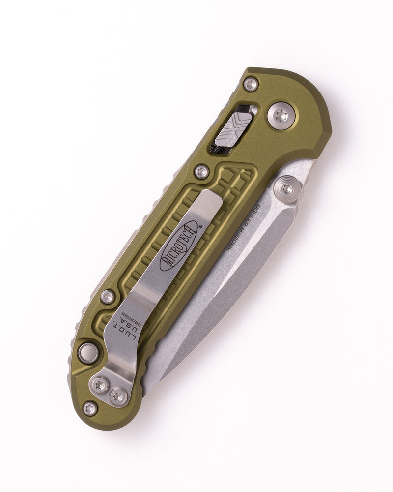 Microtech L.U.D.T RAM-LOK S/E STONEWASH FRAG PATTERN OD GREEN Green Aluminum (3.50" Bohler M390MK stainless) Folding Knife [1135RL-10FROD] - product view 4