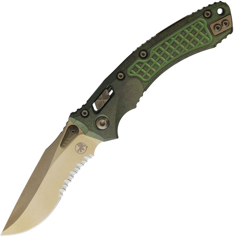 Microtech Amphibian S/E Ram-LokMarfione Bronze Antique Green Part-Serrated Folding Knife [137RL-14FRMS1]