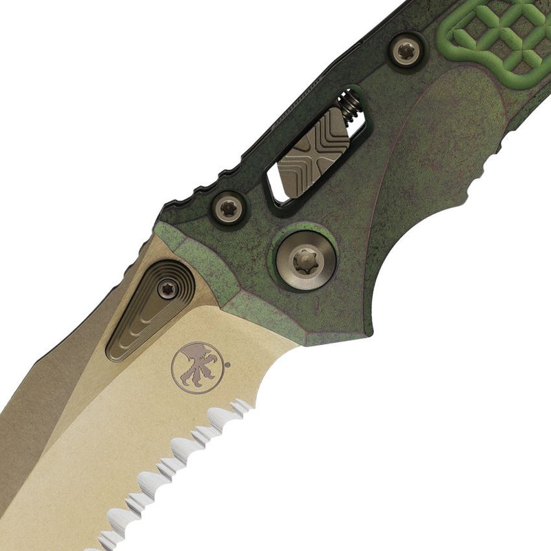 Microtech Amphibian S/E Ram-LokMarfione Bronze Antique Green Part-Serrated Folding Knife [137RL-14FRMS1]
