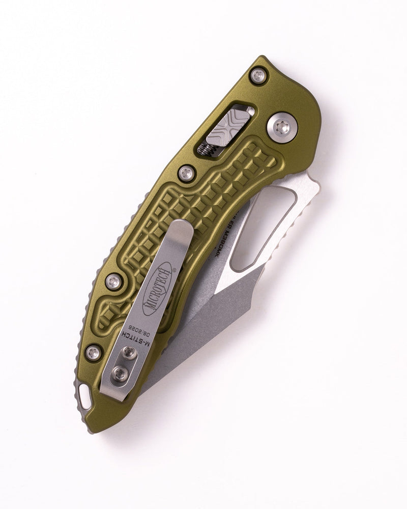 Microtech M-Stitch RAM-LOK Stonewash Standard FRAG PATTERN OD GREEN Green Aluminum (3.00" Bohler M390MK stainless) Folding Knife [169MRL-10FROD] - product view 4