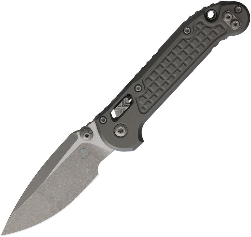 Microtech L.U.D.T RAM-LOK S/E APOCALYPTIC FRAG PATTERN ALUMINIUM NATURAL CLEAR Gray Aluminum (3.50" Bohler M390MK stainless) Folding Knife [1135RL-10APFRNC] - product view 1