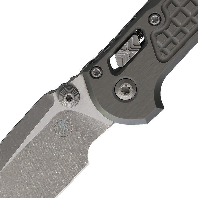 Microtech L.U.D.T RAM-LOK S/E APOCALYPTIC FRAG PATTERN ALUMINIUM NATURAL CLEAR Gray Aluminum (3.50" Bohler M390MK stainless) Folding Knife [1135RL-10APFRNC] - product view 2