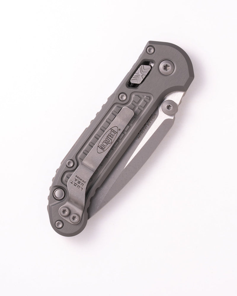 Microtech L.U.D.T RAM-LOK S/E APOCALYPTIC FRAG PATTERN ALUMINIUM NATURAL CLEAR Gray Aluminum (3.50" Bohler M390MK stainless) Folding Knife [1135RL-10APFRNC] - product view 4