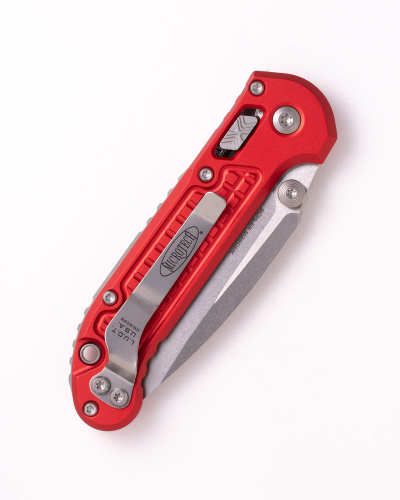 Microtech L.U.D.T RAM-LOK S/E STONEWASH FRAG PATTERN ALUMINIUM RED Red Aluminum (3.50" Bohler M390MK stainless) Folding Knife [1135RL-10FRRD] - product view 4
