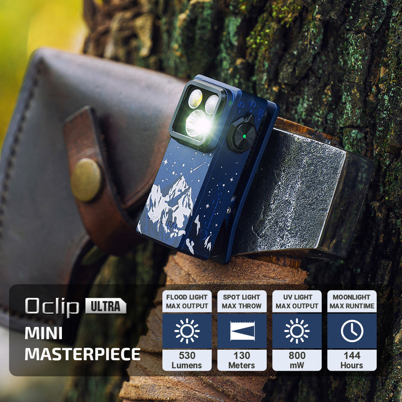 Oclip Ultra Snowy Summit Clip-On EDC  Light with Flood, Spot, and UV Modes