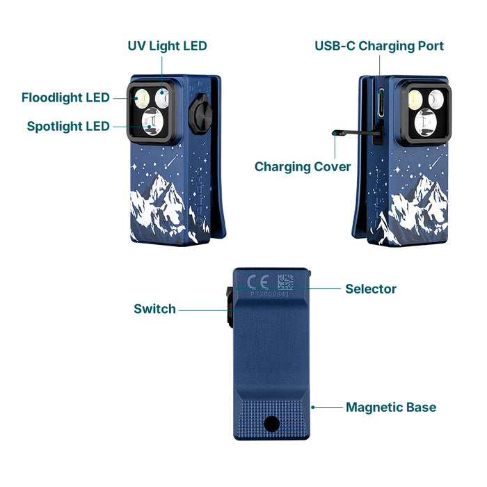 Oclip Ultra Snowy Summit Clip-On EDC  Light with Flood, Spot, and UV Modes