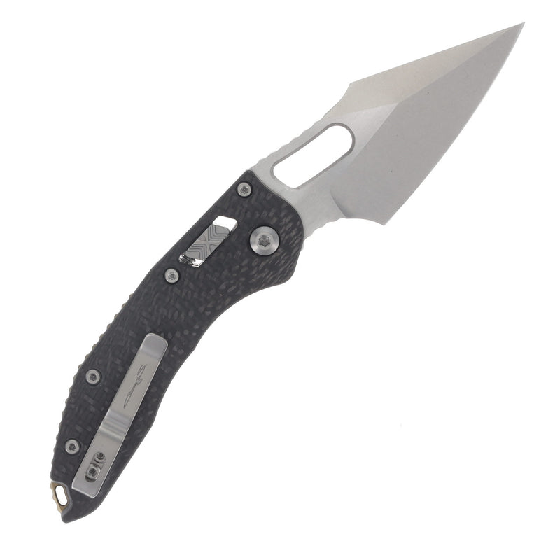 Microtech Stitch 169RL-10MS7 Marfione Select carbon fiber - open blade, pocket-clip side